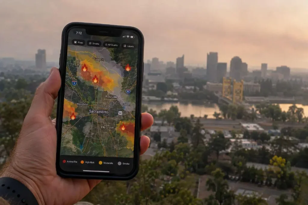 Sacramento, Ca Current Live Forest Wildfire and Smoke Map Today — Real-Time Fire Tracking, Smoke Plume Forecasts & Health Safety Updates for Your Community 2 Homeowner holding a smartphone displaying a Sacramento, CA wildfire and smoke map with fire locations, colored risk zones, smoke plume forecasts, and air quality indicators, against a hazy Sacramento skyline for real-time fire tracking and community health safety updates.